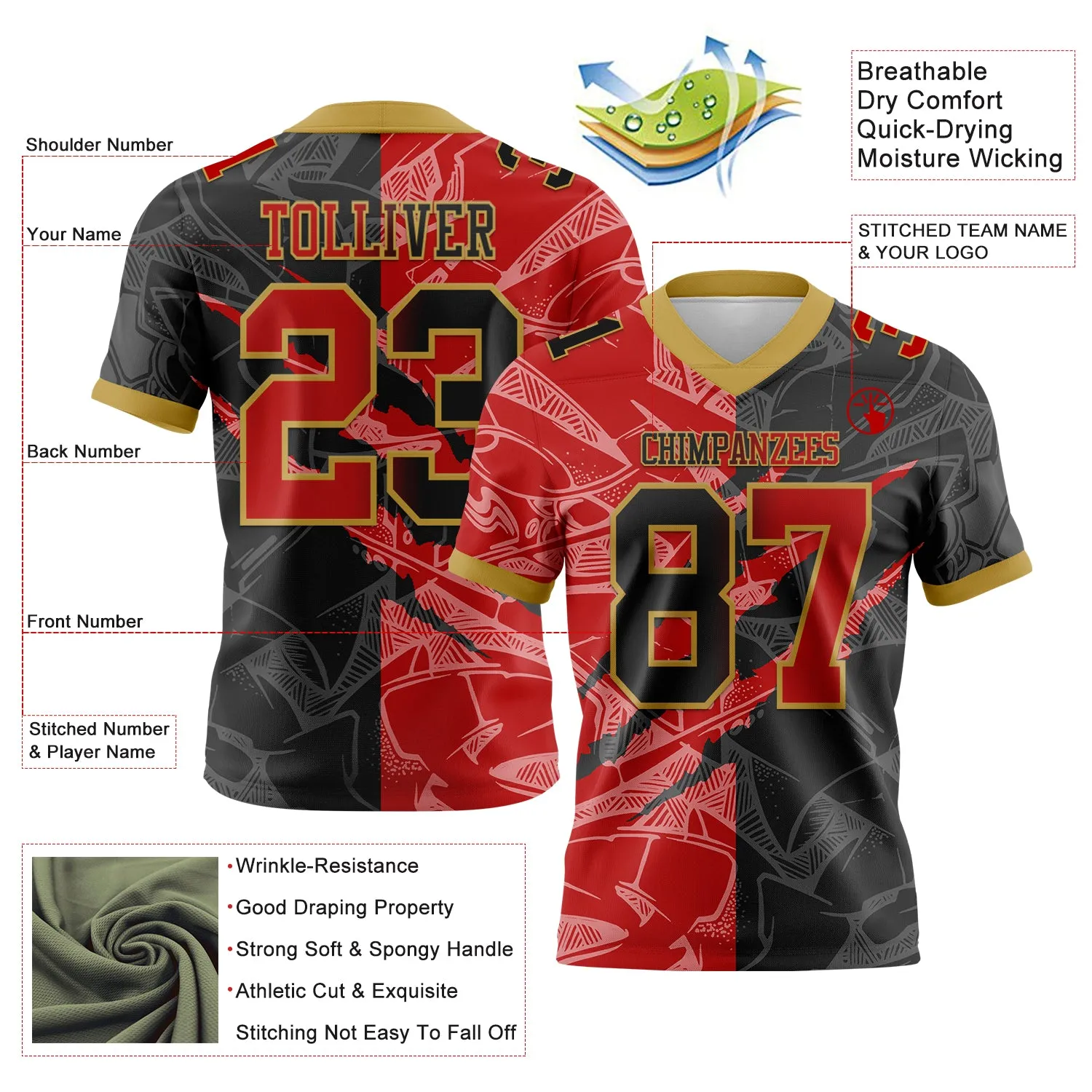 Custom Black Red-Old Gold Mesh Authentic Gradient Fashion Scratch Football Jersey