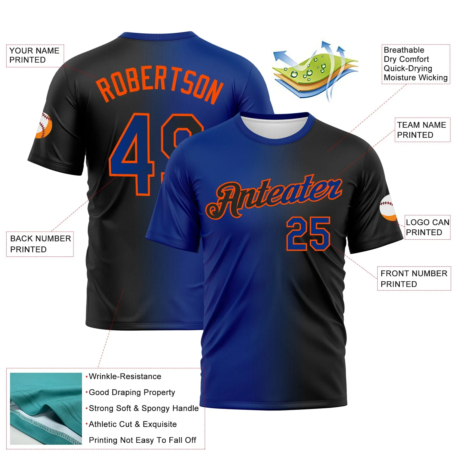 Custom Black Royal-Orange Gradient Fashion Performance T-Shirt