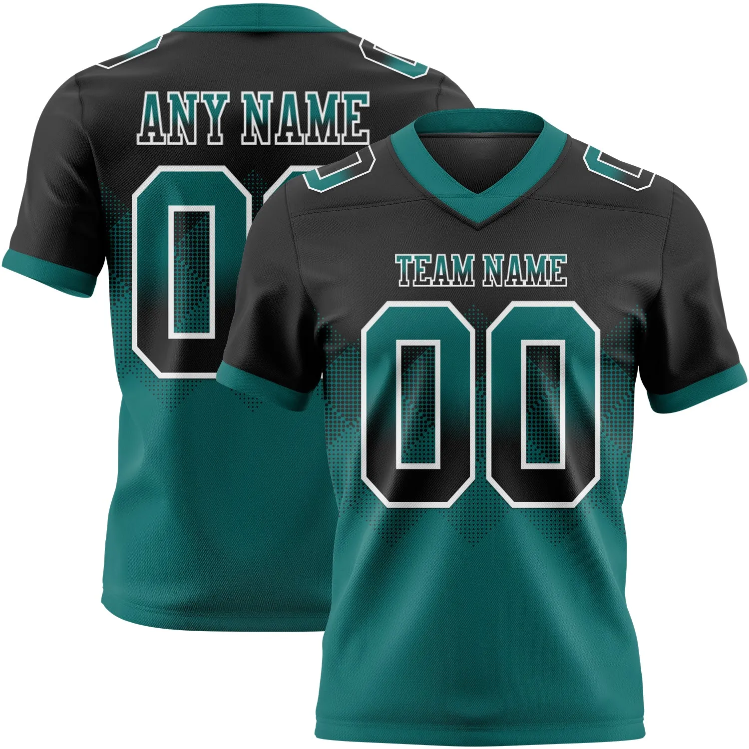 Custom Black Teal-White Mesh Authentic Gradient Square Shape Flag Football Jersey