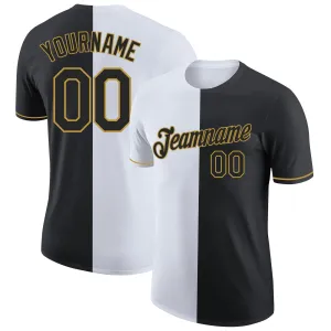Custom Black White-Old Gold Split Fashion Performance T-Shirt