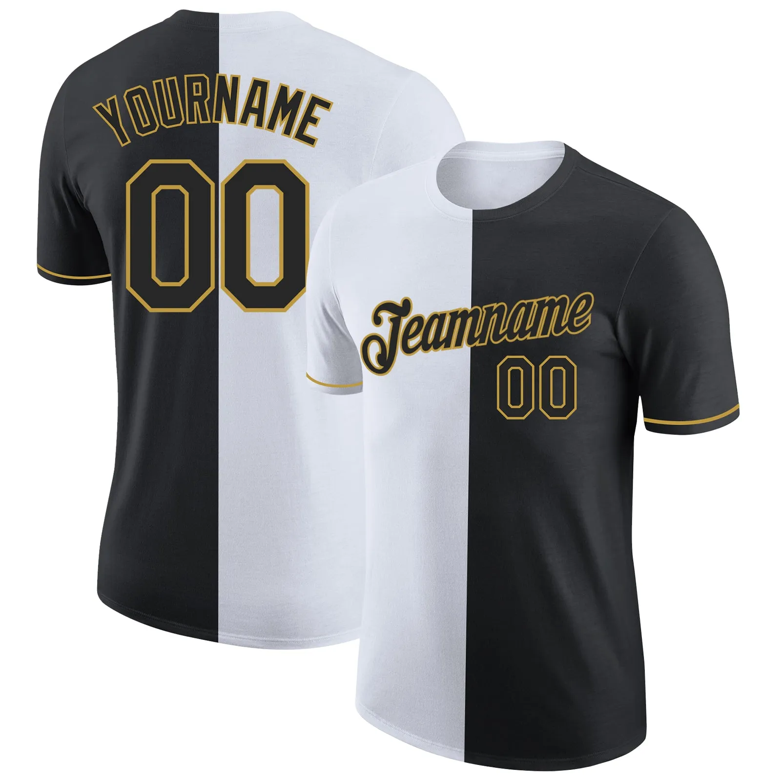 Custom Black White-Old Gold Split Fashion Performance T-Shirt