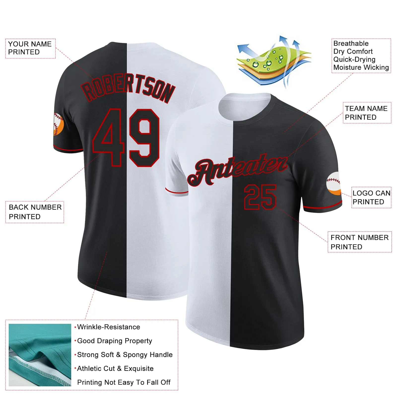 Custom Black White-Red Split Fashion Performance T-Shirt
