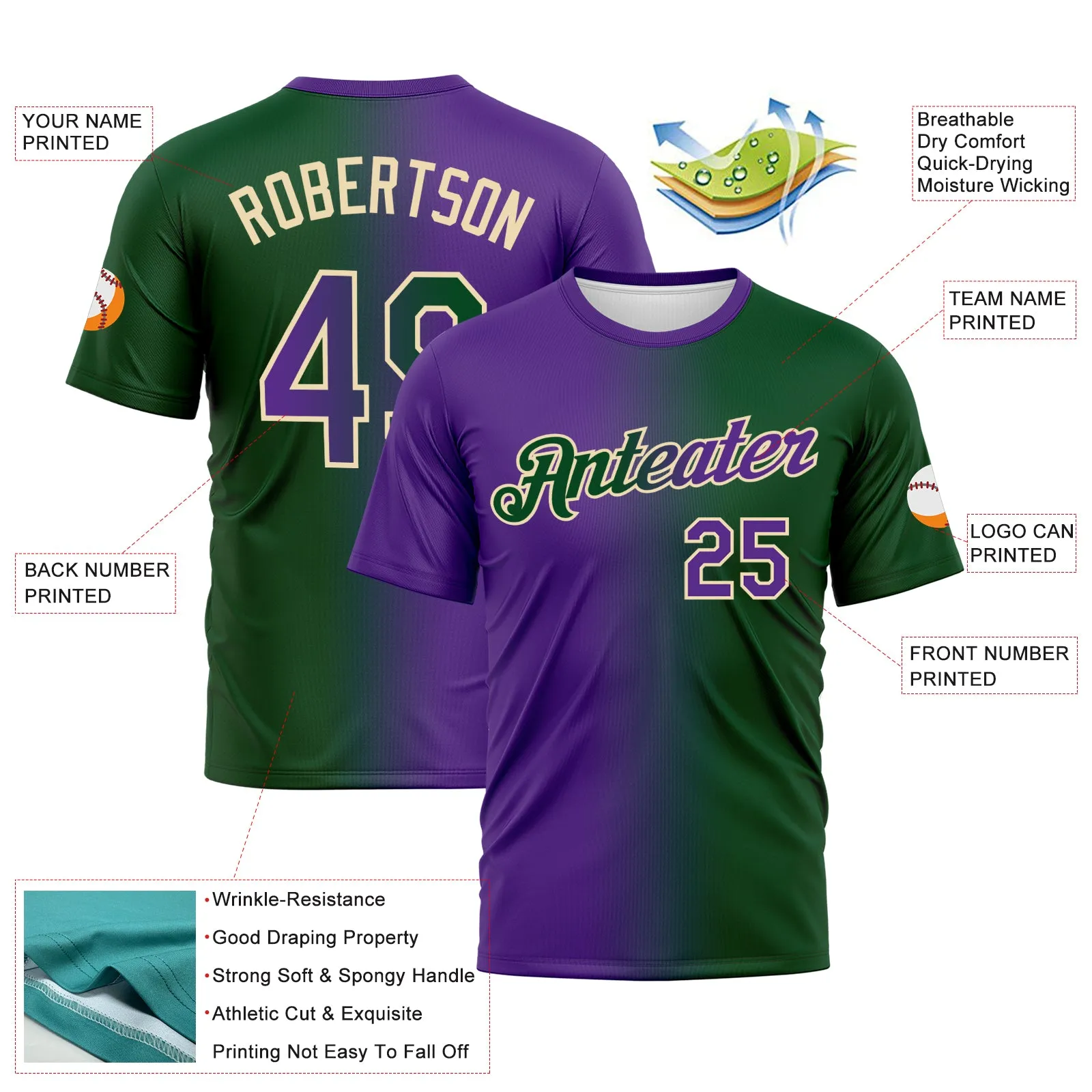 Custom Green Purple-Cream Gradient Fashion Performance T-Shirt