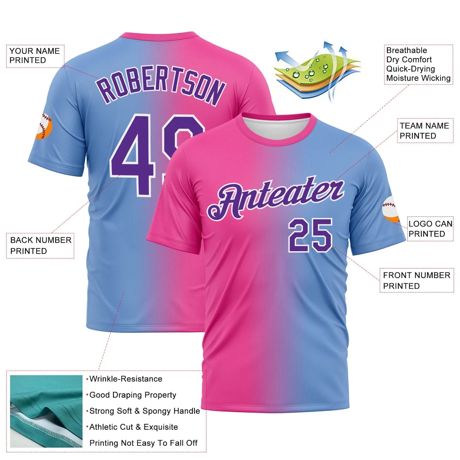 Custom Powder Blue Purple-Pink Gradient Fashion Performance T-Shirt
