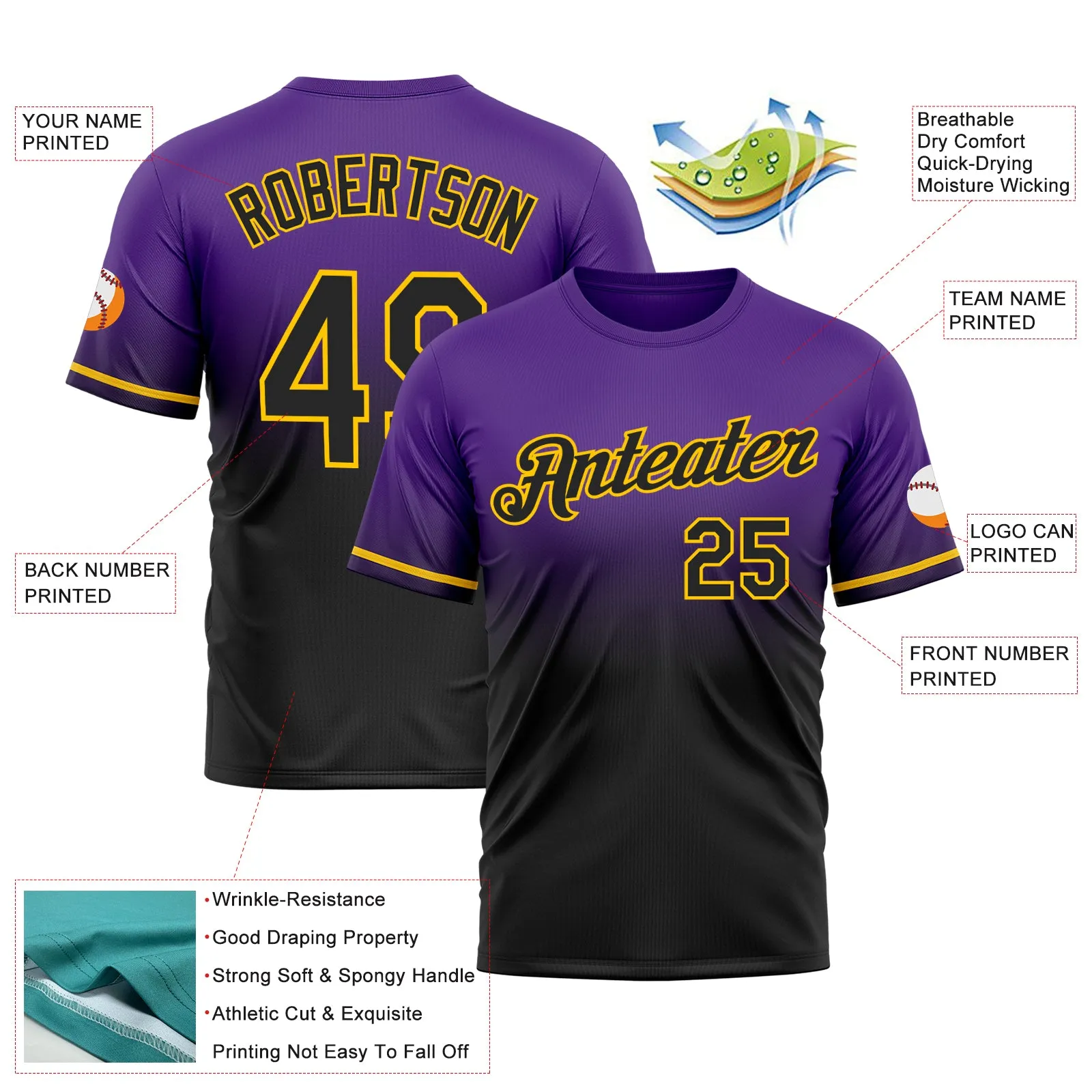 Custom Purple Black-Yellow Fade Fashion Performance T-Shirt