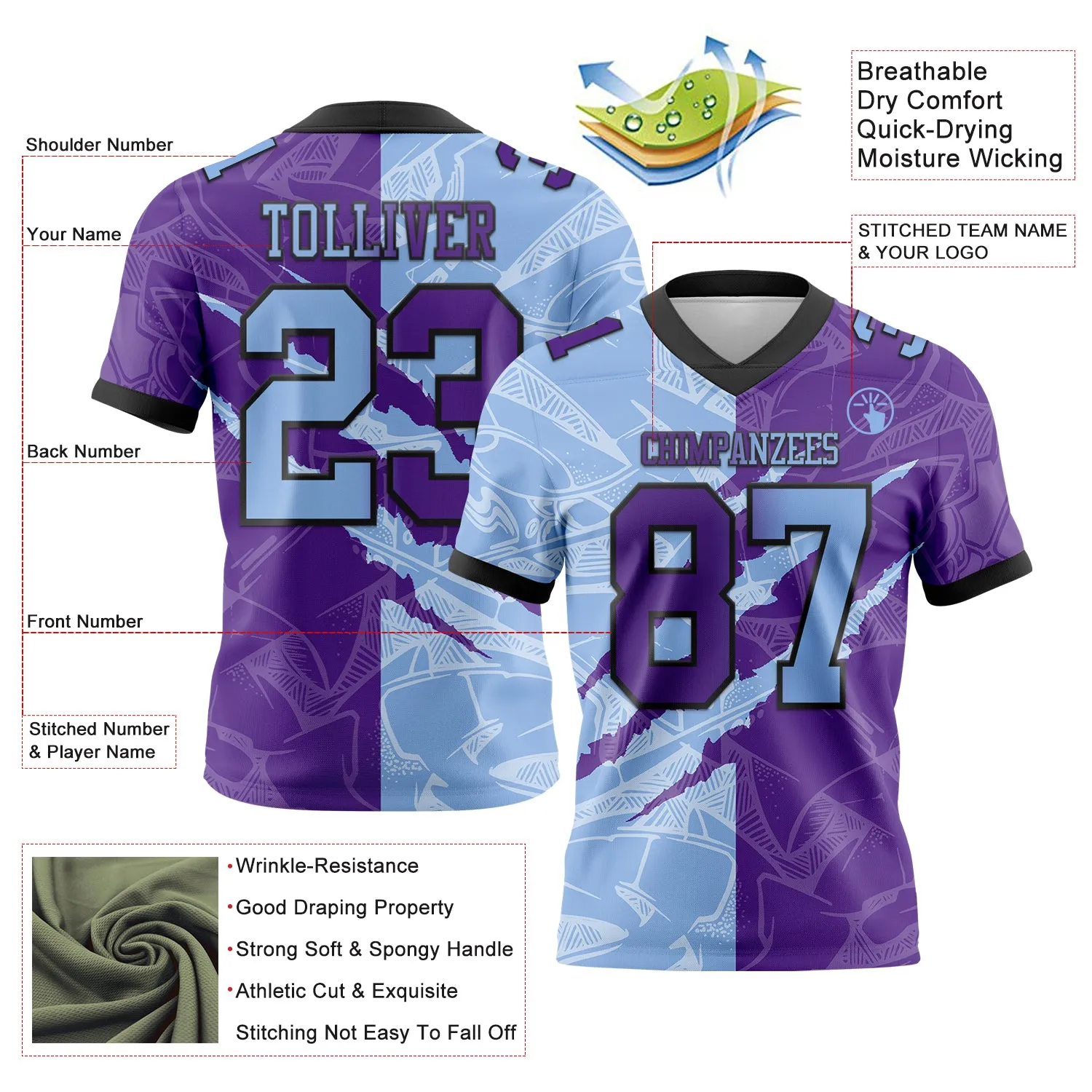 Custom Purple Light Blue-Black Mesh Authentic Gradient Fashion Scratch Football Jersey