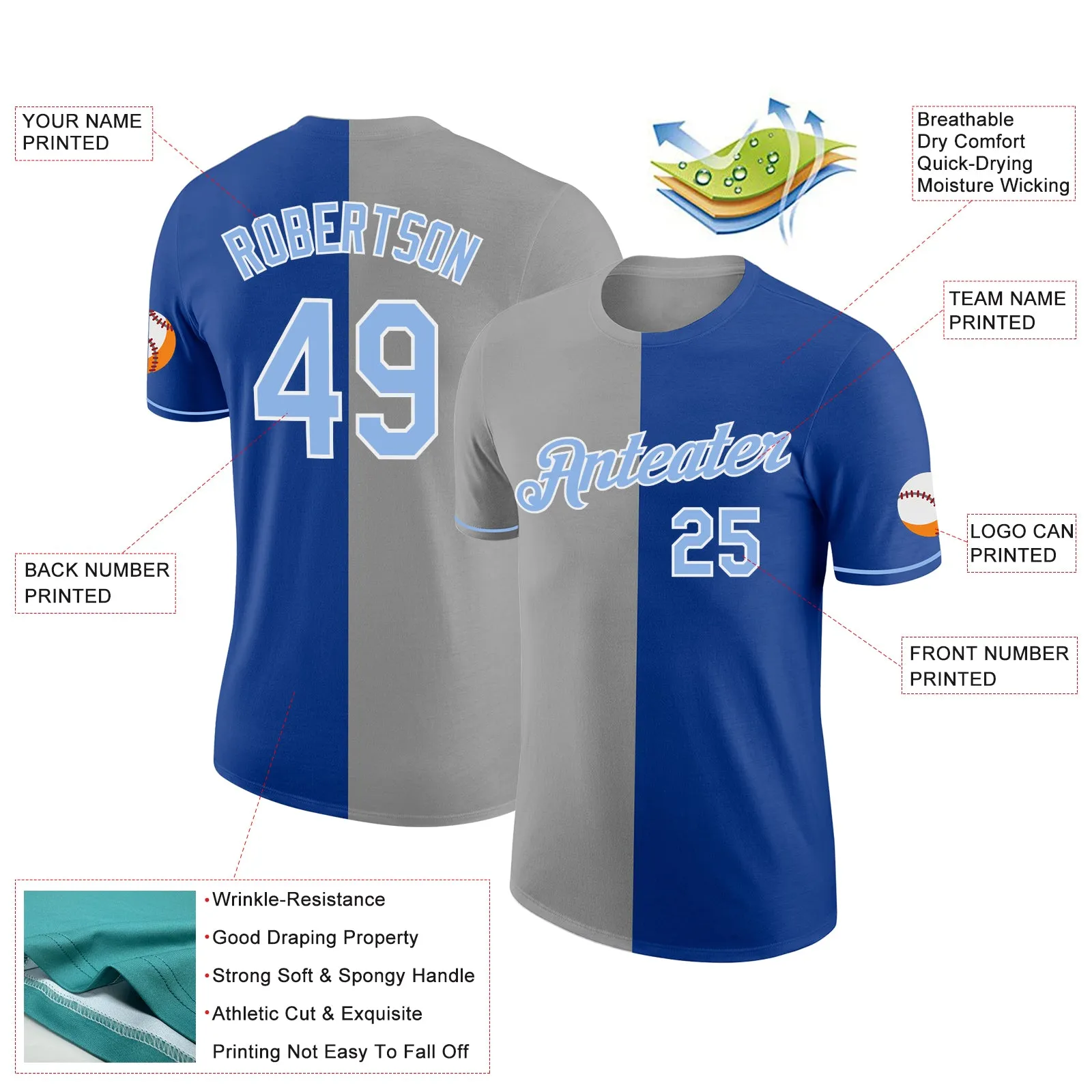 Custom Royal Light Blue-Gray Split Fashion Performance T-Shirt