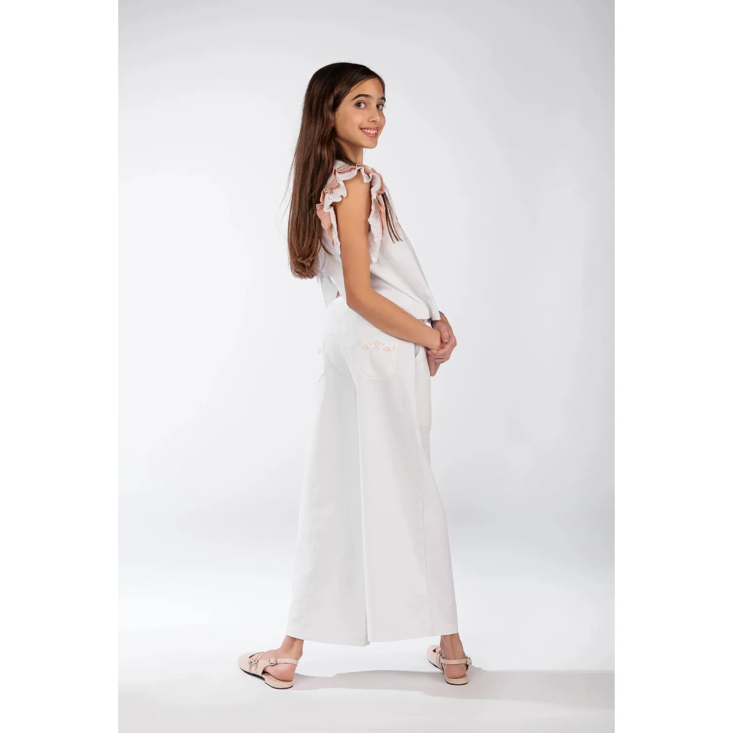 Ein Ghein Kids Girl's White Jeans with Embroidery