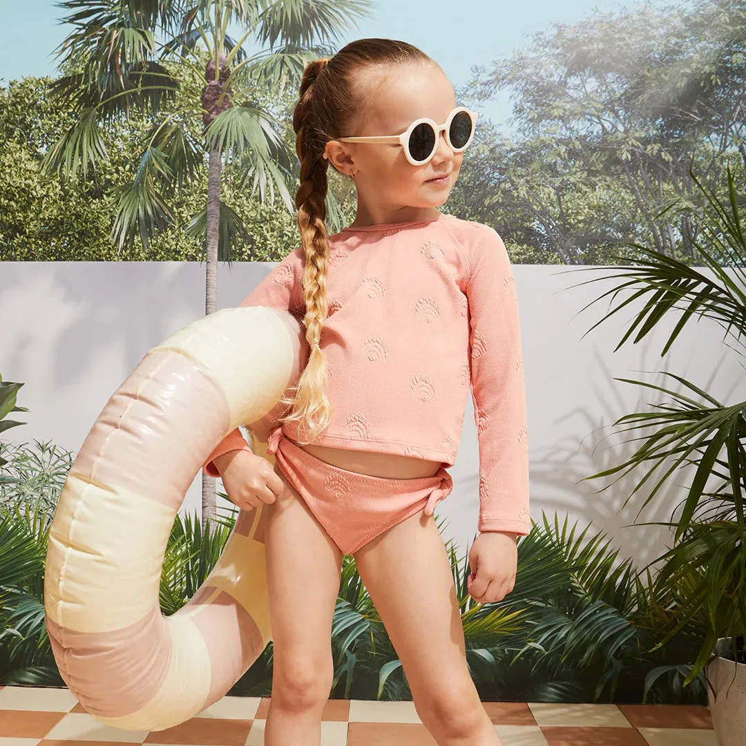 Embossed Seashell Print on Ribbed Coral Long-Sleeve Rashguard Swim Set | Petit Lem