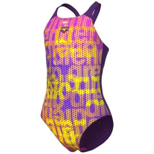 GIRLS' SWIMSUIT ARENA MULTI COLOURS V BACK - PLUM MULTI/PLUM