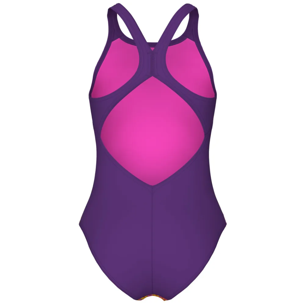 GIRLS' SWIMSUIT ARENA MULTI COLOURS V BACK - PLUM MULTI/PLUM