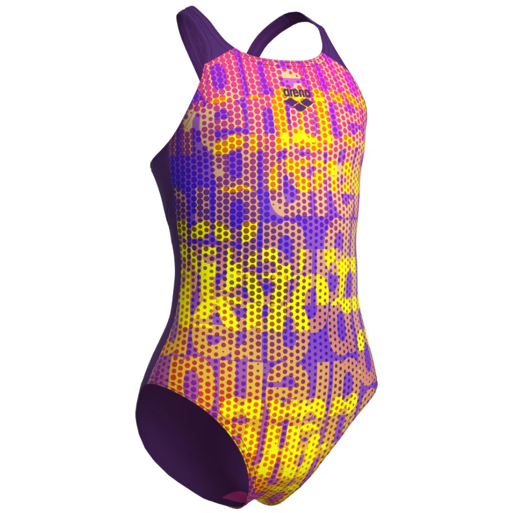 GIRLS' SWIMSUIT ARENA MULTI COLOURS V BACK - PLUM MULTI/PLUM