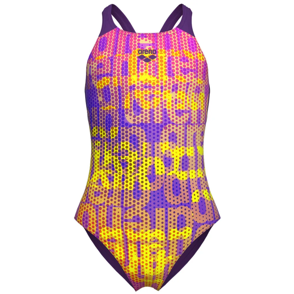GIRLS' SWIMSUIT ARENA MULTI COLOURS V BACK - PLUM MULTI/PLUM