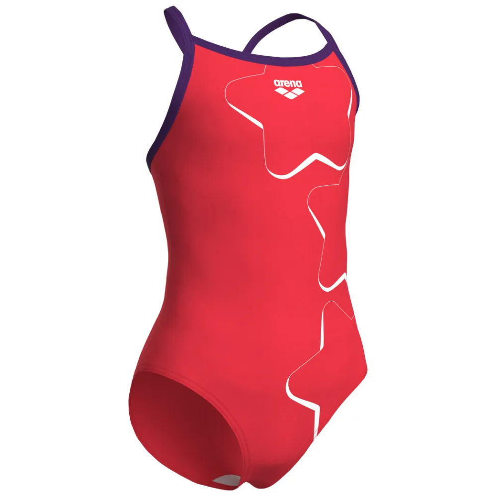 GIRLS' SWIMSUIT ARENA STAR GRAPHIC LIGHTDROP BACK - BRIGHT CORAL/PLUM
