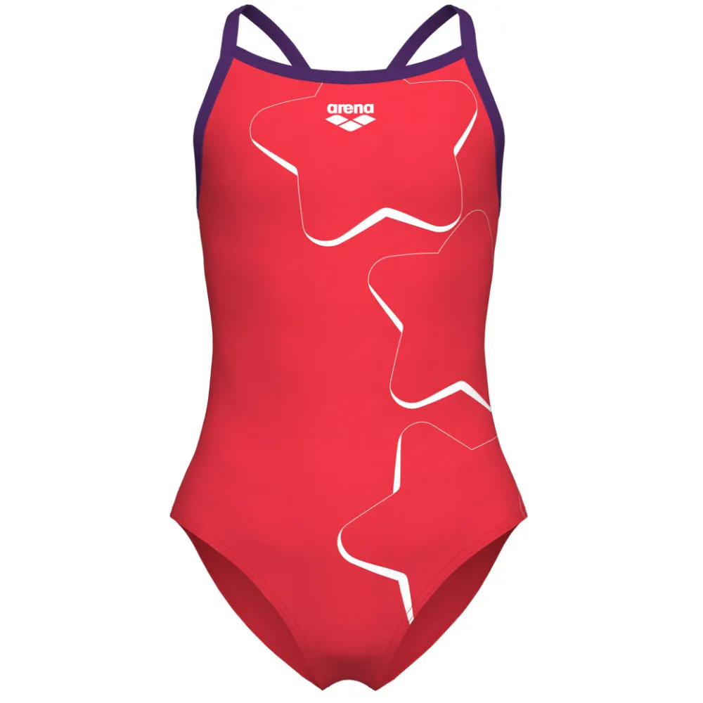 GIRLS' SWIMSUIT ARENA STAR GRAPHIC LIGHTDROP BACK - BRIGHT CORAL/PLUM