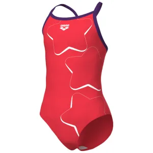 GIRLS' SWIMSUIT ARENA STAR GRAPHIC LIGHTDROP BACK - BRIGHT CORAL/PLUM