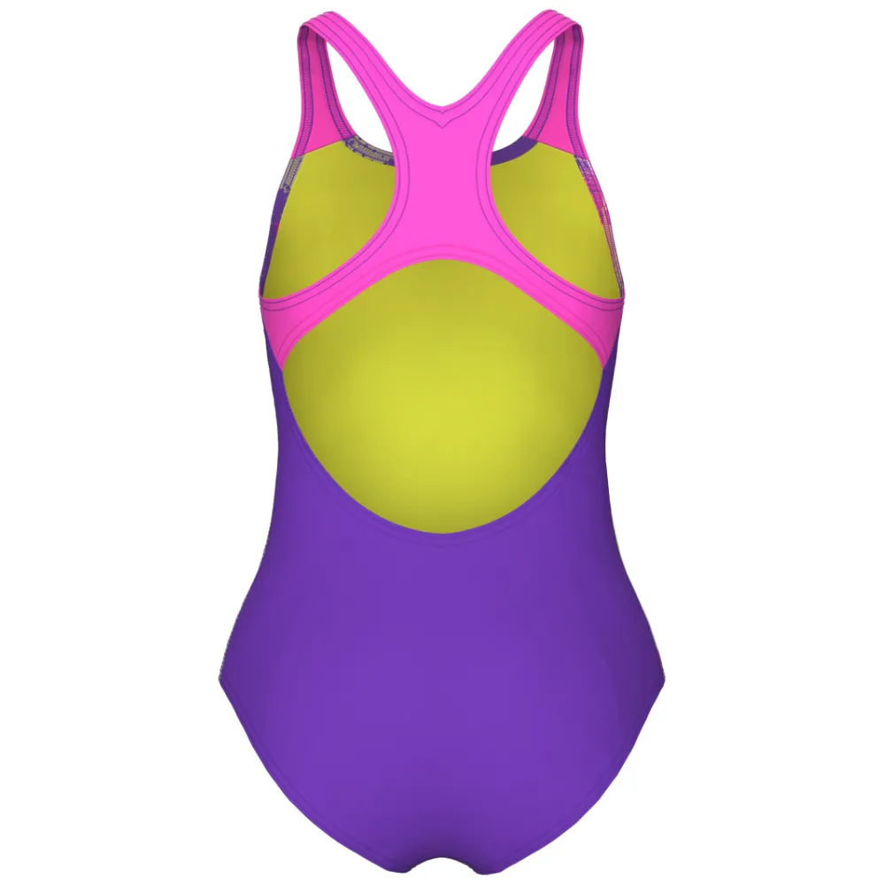 GIRLS' SWIMSUIT LIGHT TRICKS SWIM PRO BACK - VIOLET/SHOCKING PINK/MULTI