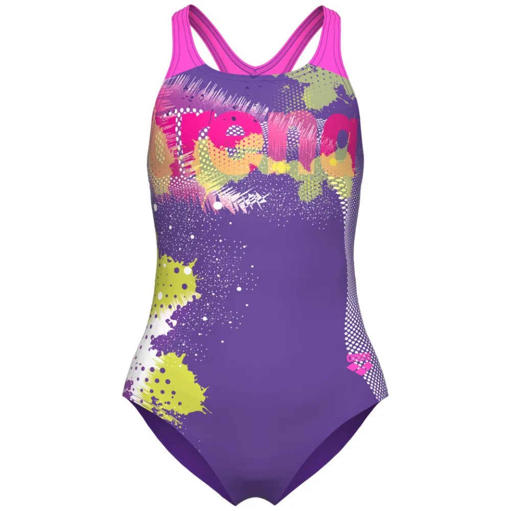 GIRLS' SWIMSUIT LIGHT TRICKS SWIM PRO BACK - VIOLET/SHOCKING PINK/MULTI