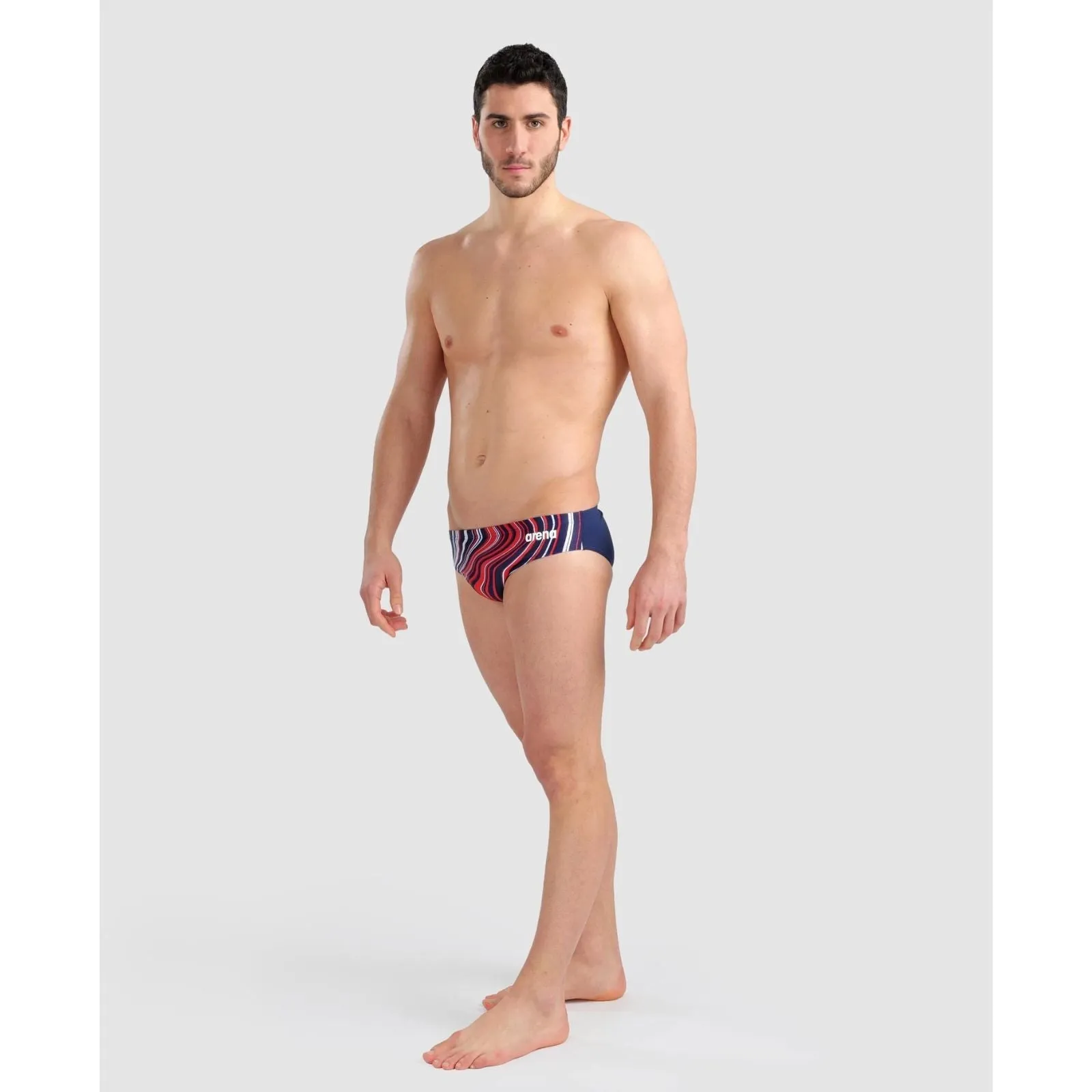 MEN'S MARBLED PRINT SWIM BRIEF - NAVY/RED MULTI