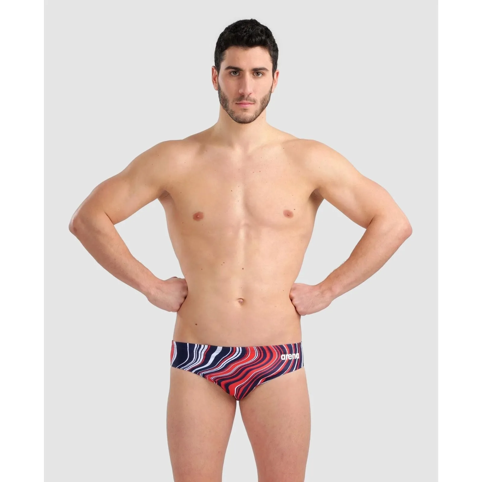 MEN'S MARBLED PRINT SWIM BRIEF - NAVY/RED MULTI