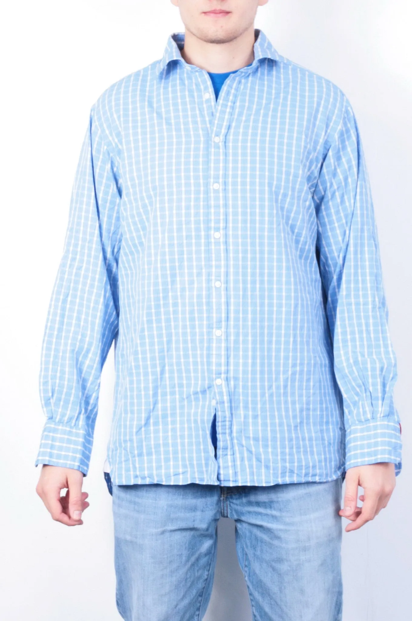 Thomas Pink Jermyn Street Mens 16.5 36.5 L Casual Shirt Check Blue Cotton