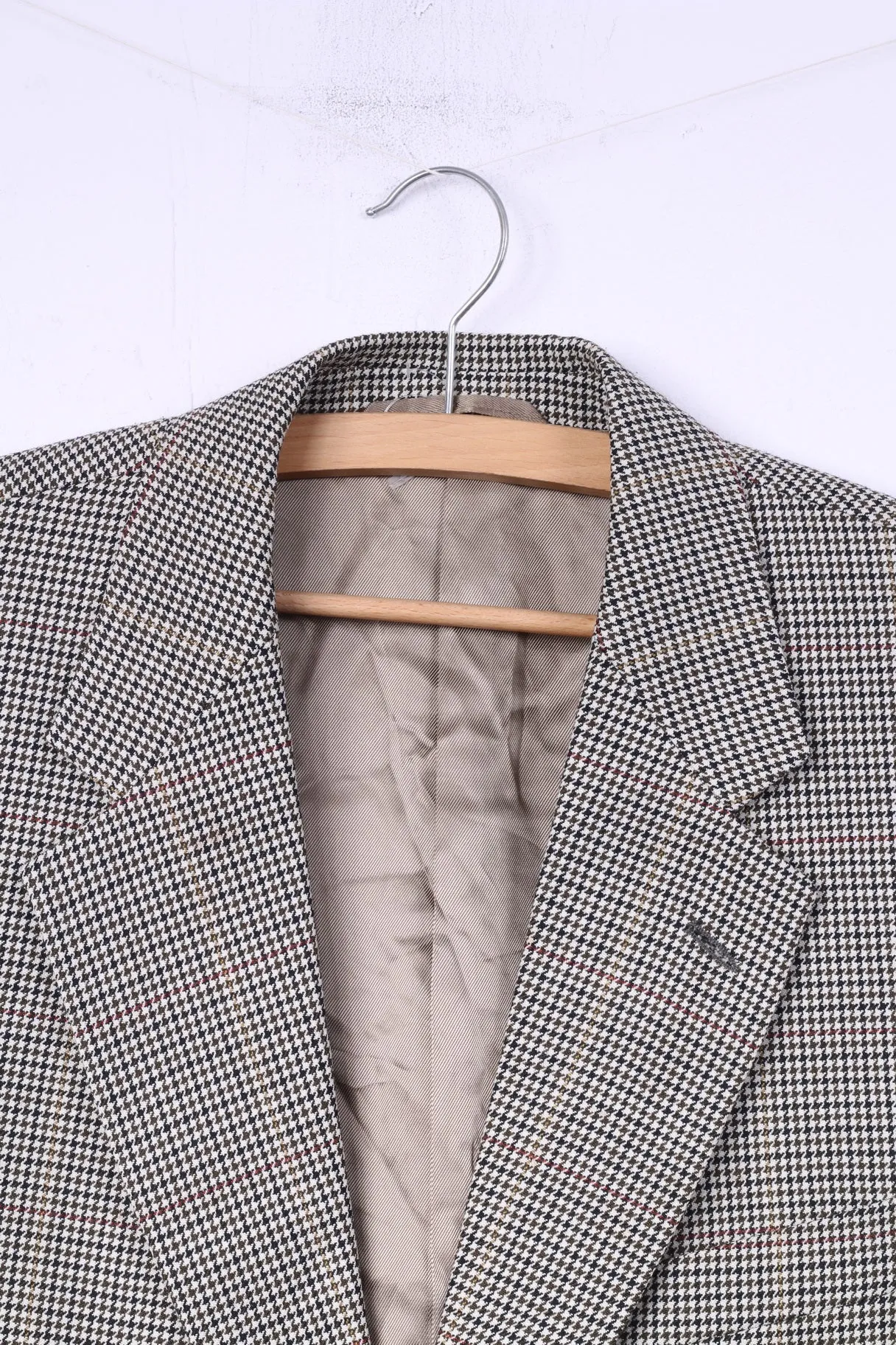 Wellington Executive Mens M/L Blazer Beige Single Breasted Classic Dog Tooth