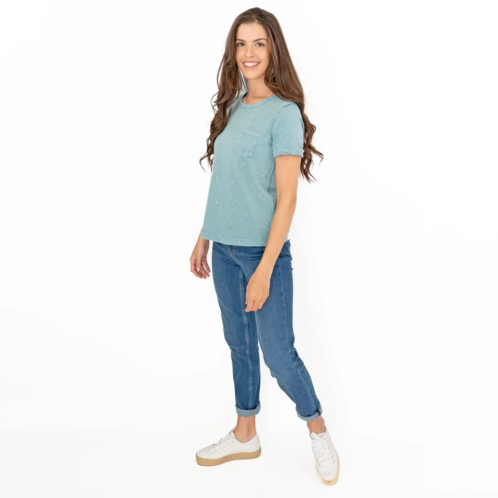 White Stuff Neo Embroidered Pastel Green T-Shirts Short Sleeve Casual Cotton Tops