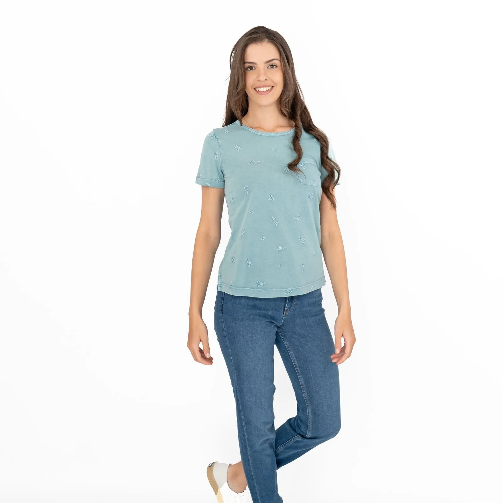 White Stuff Neo Embroidered Pastel Green T-Shirts Short Sleeve Casual Cotton Tops
