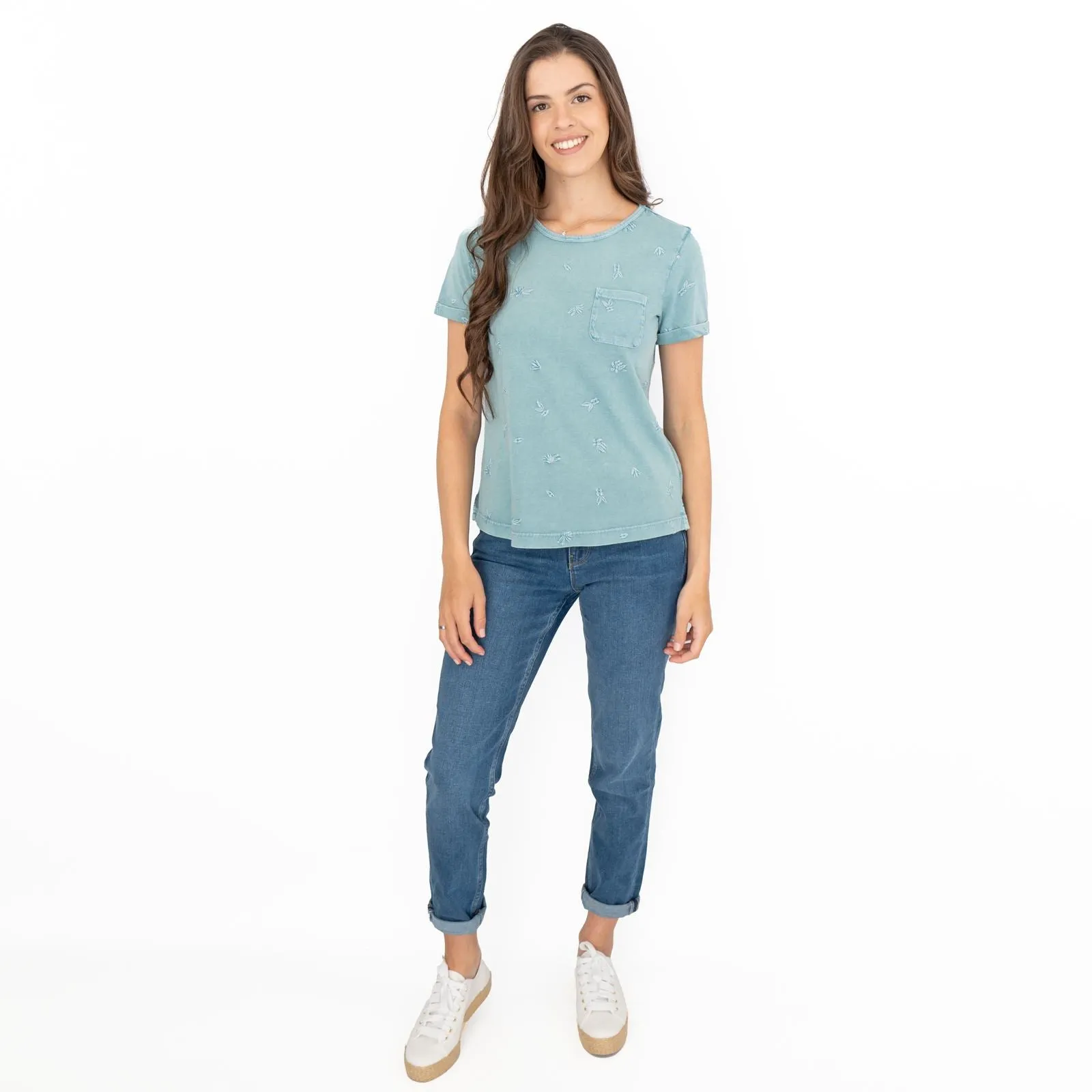 White Stuff Neo Embroidered Pastel Green T-Shirts Short Sleeve Casual Cotton Tops
