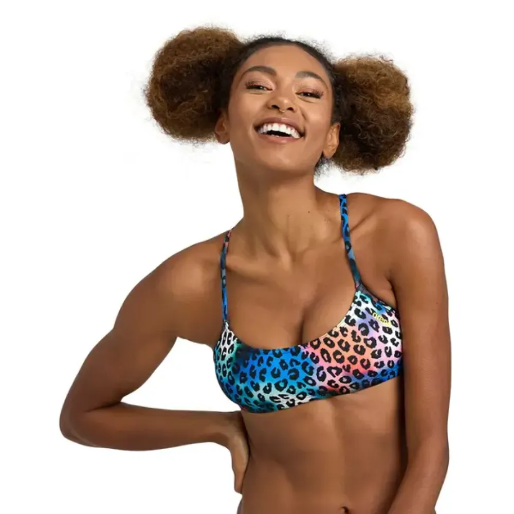 WOMEN'S BANDEAU PLAY BIKINI TOP - NEON BLUE MULTI/YELLOW STAR