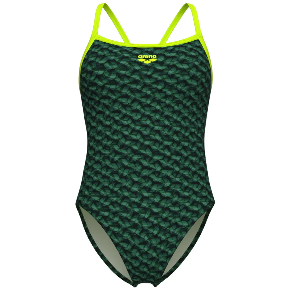 WOMEN'S SWIMSUIT ARENA MONOGRAM CHALLENGE BACK - DARK SAGE MULTI/ARTIC LIME